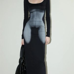 Y2K Fashion 3D Body Print Maxi Dress - Trendy 2000s Style Outfit