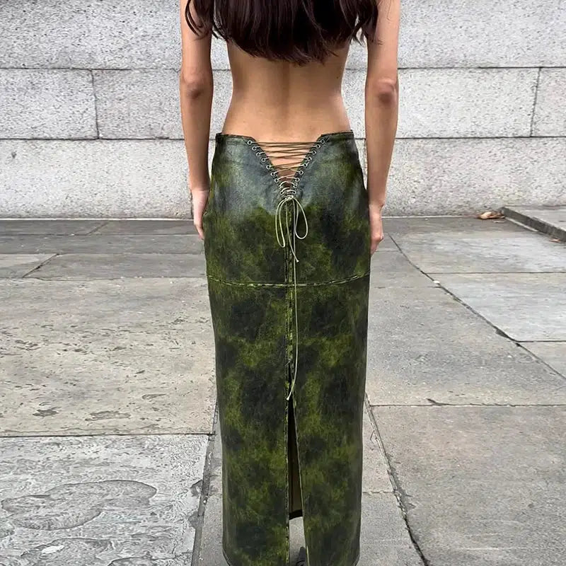 Y2K Fashion Baddie Leaf Lace-Up Split Maxi Skirt - 2000s Style Essential