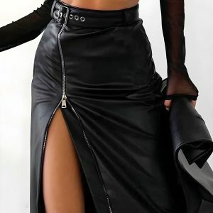 Y2K Fashion Baddie Zip-Up Slit Midi Pencil Skirt - 2000s Style Essential