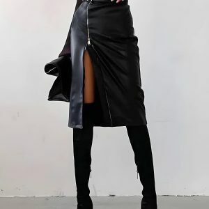 Y2K Fashion Baddie Zip-Up Slit Midi Pencil Skirt - 2000s Style Essential