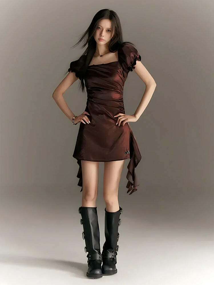 Y2K Fashion Balloon Sleeve Ruched Mini Dress - 2000s Style Aesthetic