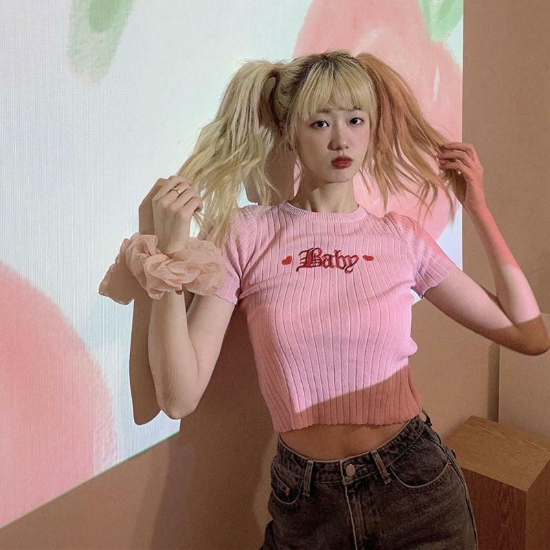 Y2K Fashion Barbie Embroidered Crop Top - Trendy 2000s Style