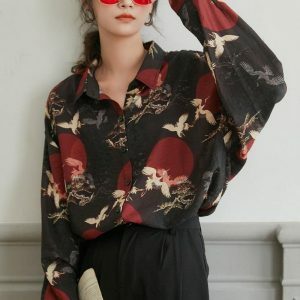 Y2K Fashion Bird Pattern Long Sleeve Shirt - Trendy 2000s Style Top