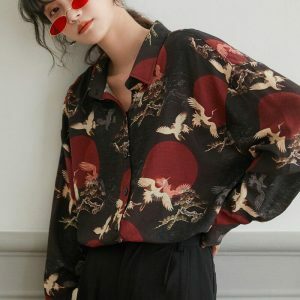 Y2K Fashion Bird Pattern Long Sleeve Shirt - Trendy 2000s Style Top