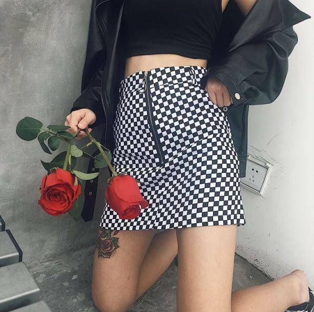 Y2K Fashion Black and White Checkerboard Skirt - 2000s Style Essential