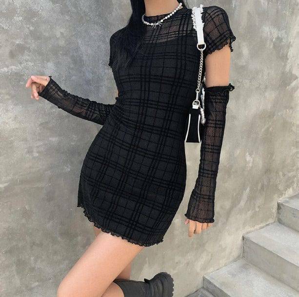 Y2K Fashion Black Plaid Mini Dress - 2000s Style Aesthetic Outfit