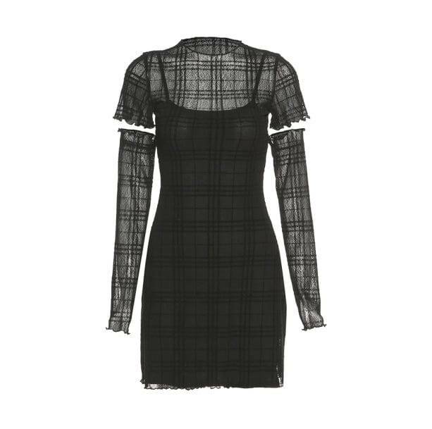 Y2K Fashion Black Plaid Mini Dress - 2000s Style Aesthetic Outfit