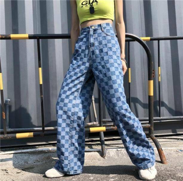 Y2K Fashion Blue Checkered Jeans - Retro 2000s Style Denim Pants