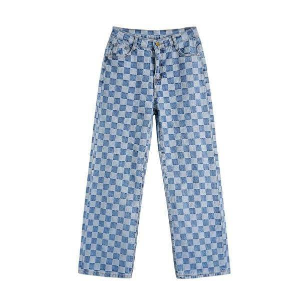 Y2K Fashion Blue Checkered Jeans - Retro 2000s Style Denim Pants