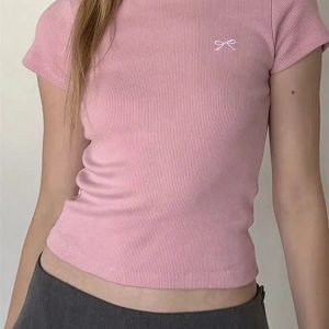 Y2K Fashion Bow Basic Tee - Trendy 2000s Style Top for Effortless Looks