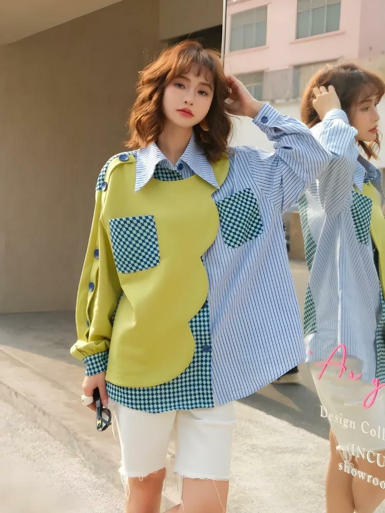 Y2K Fashion Buttoned Sleeved Patchwork Shirt - Trendy 2000s Style