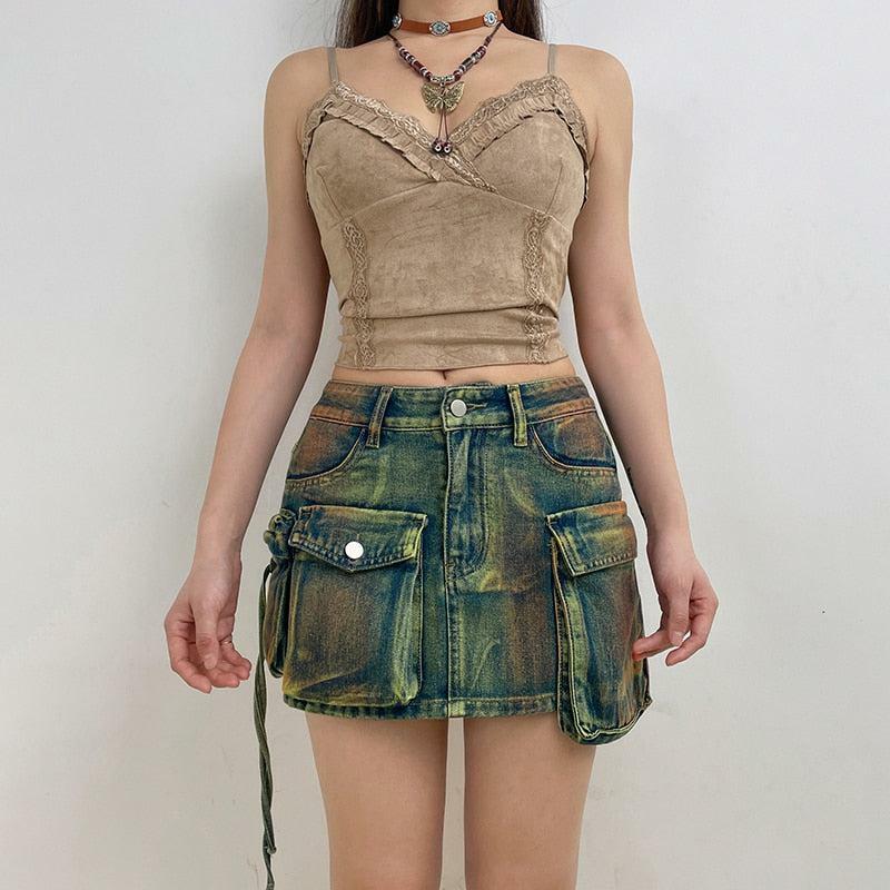 Y2K Fashion Cargo Denim Mini Skirt - Trendy 2000s Style Outfit