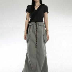 Y2K Fashion Cargo Pockets Parachute Maxi Skirt - 2000s Style Essential