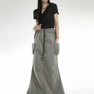 Y2K Fashion Cargo Pockets Parachute Maxi Skirt - 2000s Style Essential