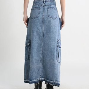 Y2K Fashion Cargo Split Denim Midi Skirt - 2000s Style Statement Piece