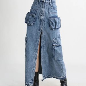 Y2K Fashion Cargo Split Denim Midi Skirt - 2000s Style Statement Piece