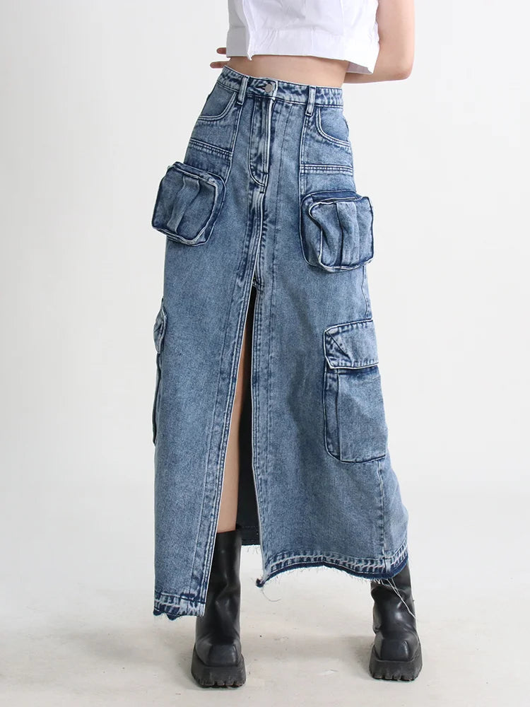 Y2K Fashion Cargo Split Denim Midi Skirt - 2000s Style Statement Piece