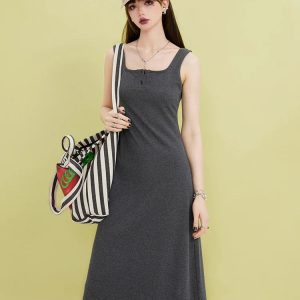 Y2K Fashion Casual Button-Up Midi Dress - 2000s Style Aesthetic