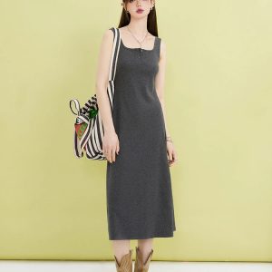 Y2K Fashion Casual Button-Up Midi Dress - 2000s Style Aesthetic