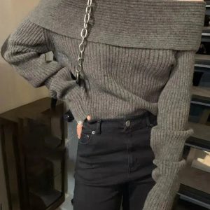 Y2K Fashion Casual Off Shoulder Knitted Sweater - 2000s Style Essential