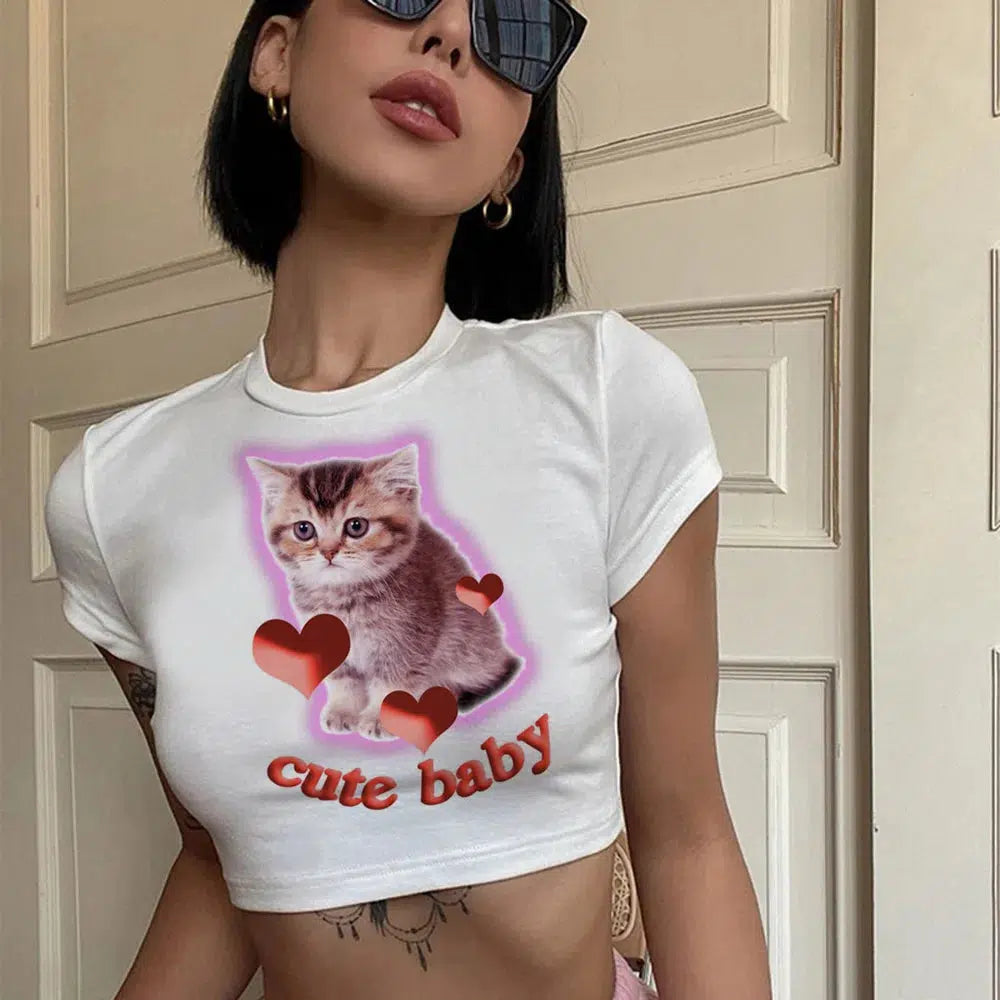 Y2K Fashion Cat Baby Tee - Trendy 2000s Style for a Cute Aesthetic