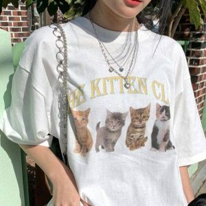 Y2K Fashion Cat Club T-Shirt - Trendy 2000s Style Graphic Tee