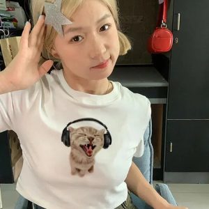 Y2K Fashion Cat with Earphones Tee - Trendy 2000s Style Top