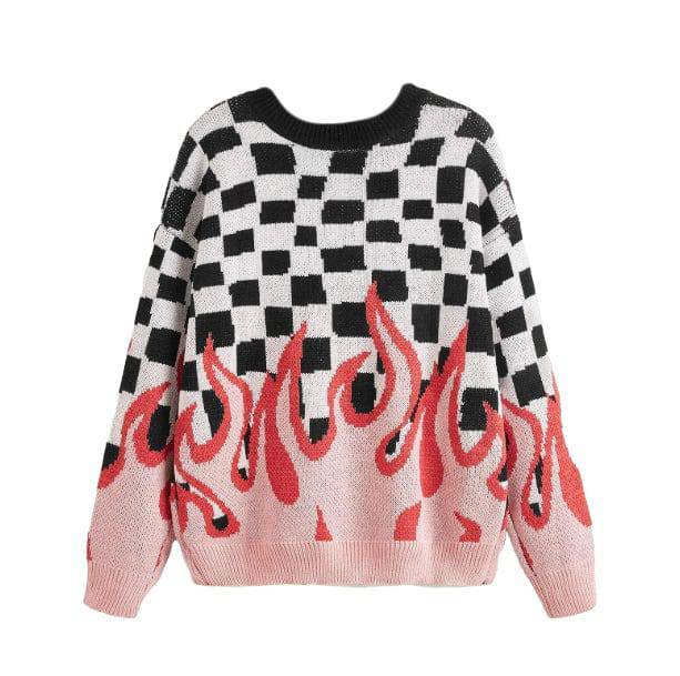 Y2K Fashion Checkered Flames Sweater - Retro 2000s Style Top