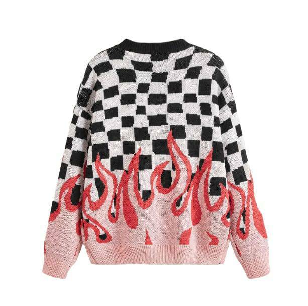 Y2K Fashion Checkered Flames Sweater - Retro 2000s Style Top