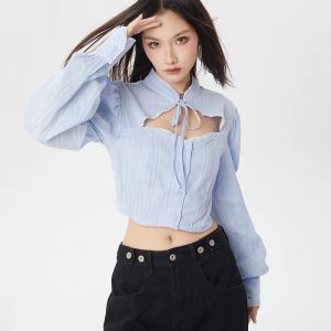 Y2K Fashion Classiccore Cut Out Crop Shirt - Trendy 2000s Style Top