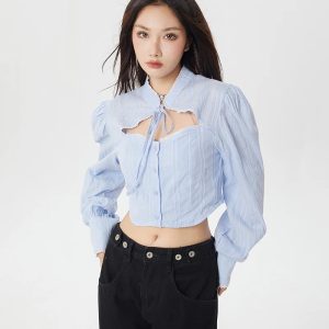 Y2K Fashion Classiccore Cut Out Crop Shirt - Trendy 2000s Style Top