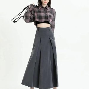 Y2K Fashion College Girl Pleated A-Line Midi Skirt - 2000s Style