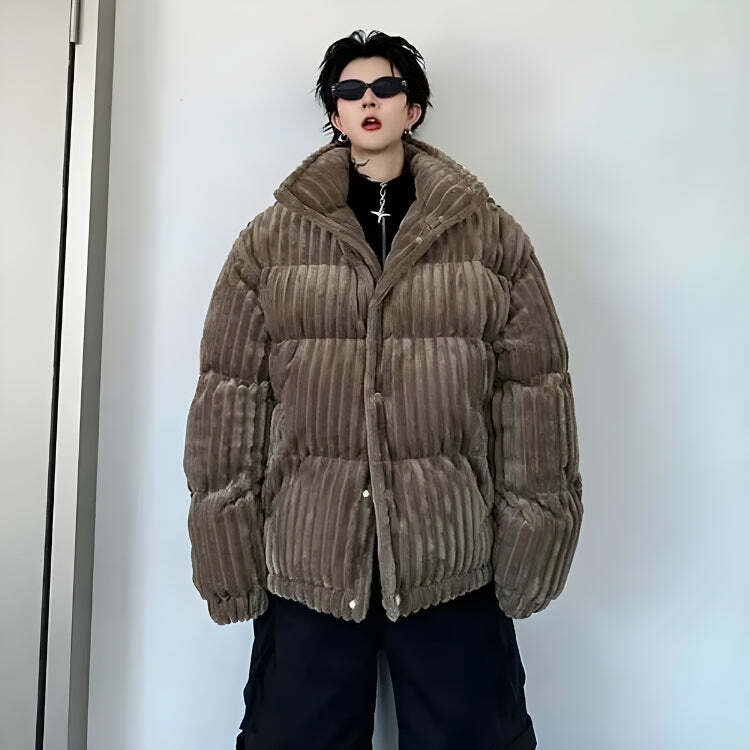 Y2K Fashion Corduroy Buttoned Puffer Jacket - 2000s Style Essential