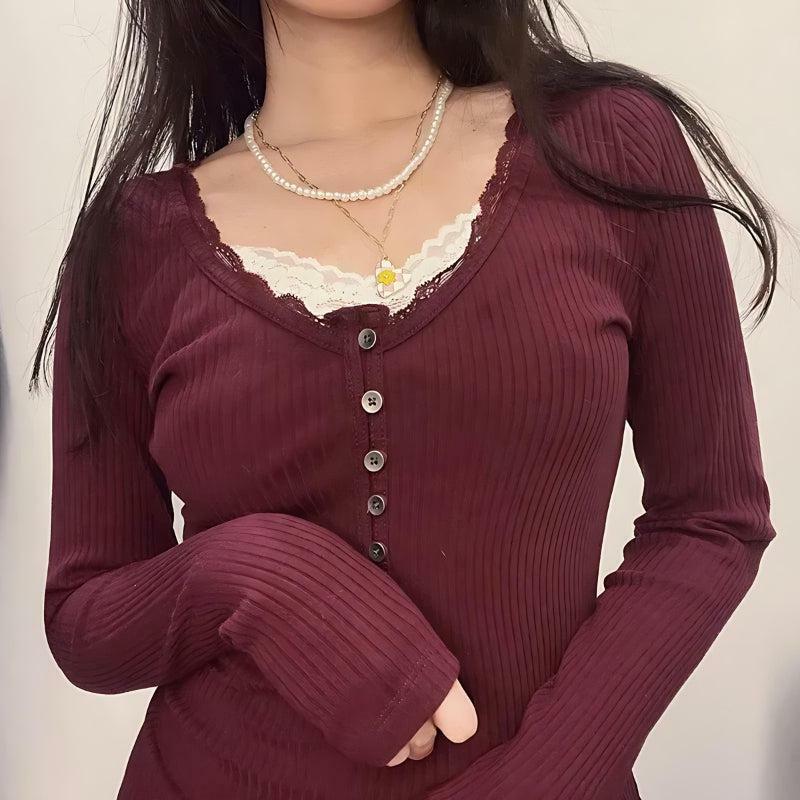 Y2K Fashion Corduroy Lace Trim Top - Trendy 2000s Style Essential