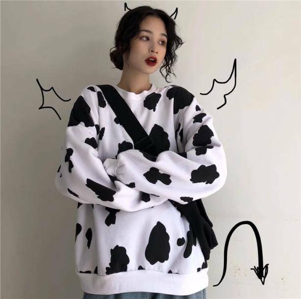 Y2K Fashion Cow Print Loose Sweatshirt - Trendy 2000s Style Top