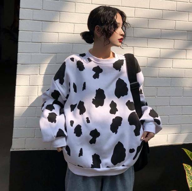 Y2K Fashion Cow Print Loose Sweatshirt - Trendy 2000s Style Top