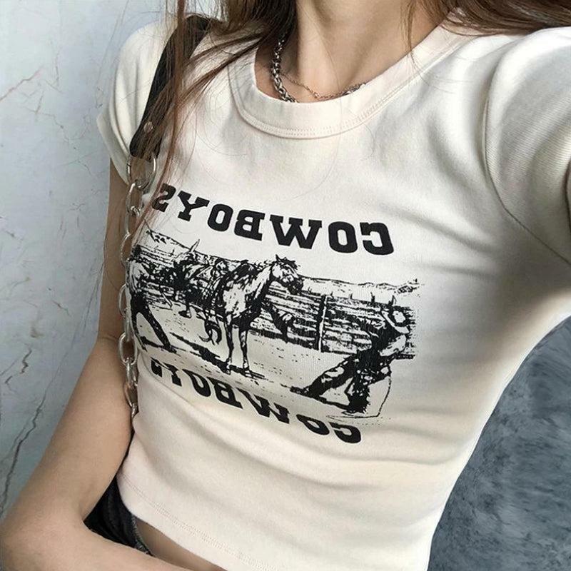 Y2K Fashion Cowboys Crop Tee - Trendy 2000s Style Top for Women