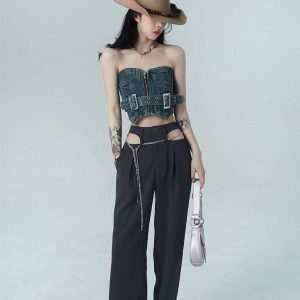 Y2K Fashion Cowgirl Crop Denim Tube Top - Retro 2000s Style Outfit