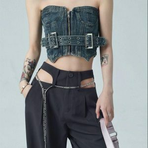 Y2K Fashion Cowgirl Crop Denim Tube Top - Retro 2000s Style Outfit