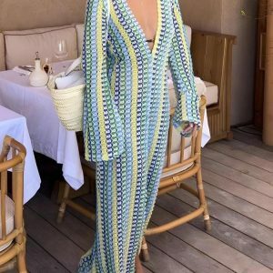 Y2K Fashion Crochet Striped Plunge Neck Maxi Dress - 2000s Style Essential