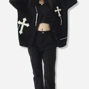 Y2K Fashion Cross Patch Cardigan - Trendy 2000s Style for Women