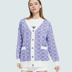 Y2K Fashion Cross Pattern Buttoned Purple Cardigan - 2000s Style Essential