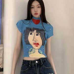 Y2K Fashion Cubist Woman Turtle Neck Top - Trendy 2000s Style