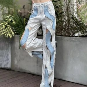 Y2K Fashion Cut Out Patch Denim Jeans - Trendy 2000s Style for Women