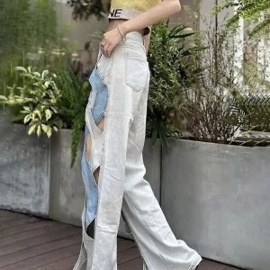 Y2K Fashion Cut Out Patch Denim Jeans - Trendy 2000s Style for Women