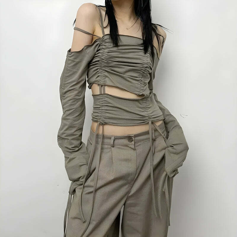 Y2K Fashion Cut-Out Ruched Long Sleeve Top - Trendy 2000s Style