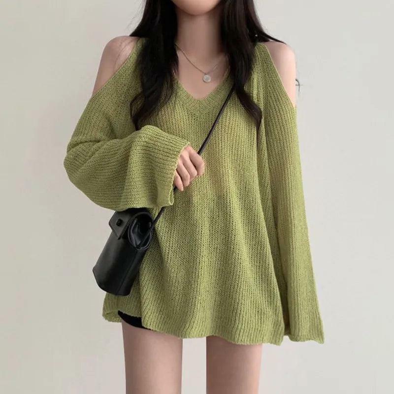 Y2K Fashion Cut-Out Shoulder Loose Knit Sweater - 2000s Style Essential