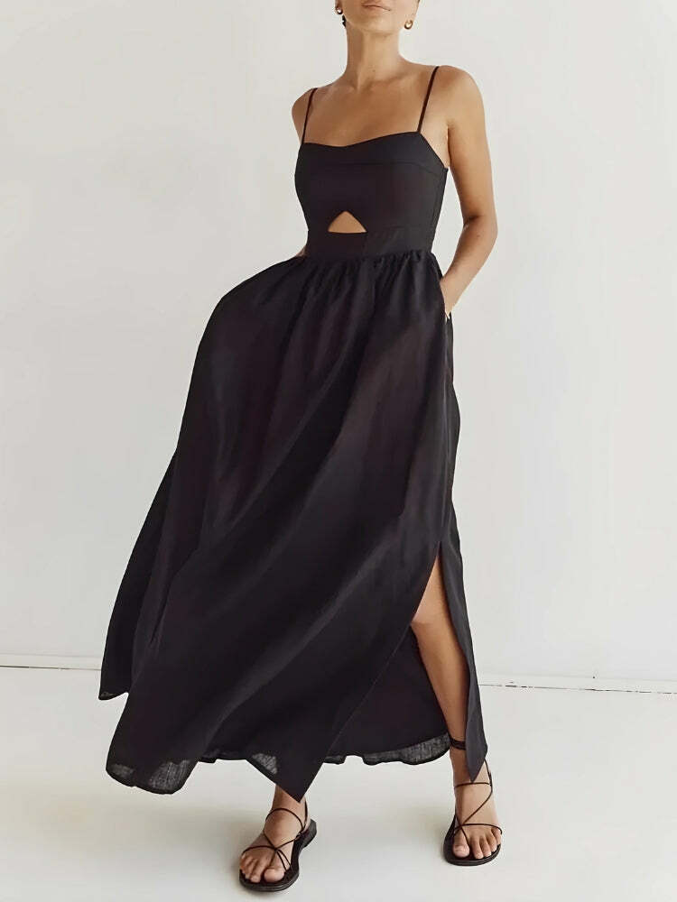 Y2K Fashion Cut Out Slit Maxi Dress - 2000s Style Aesthetic Outfit