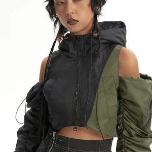 Y2K Fashion Cyberpunk Ruched Sleeve Puffer Jacket - 2000s Style Outerwear