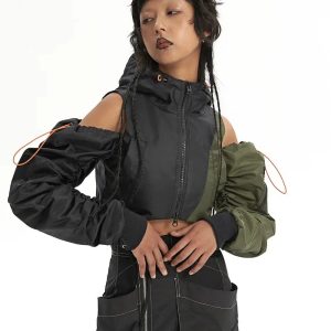 Y2K Fashion Cyberpunk Ruched Sleeve Puffer Jacket - 2000s Style Outerwear